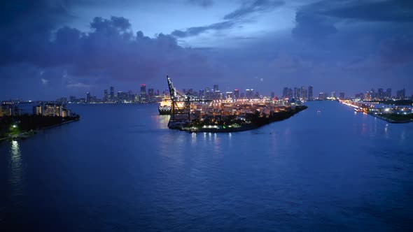 Distant View of Port Miami and City Panorama Against Thunder Sky and Deep-blue Water.