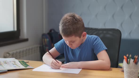 Portrait of thoughtful schoolboy doing homework. Smart student studying online at home.