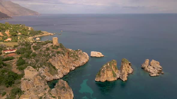 Scopello Coast Sicily Italy on a Cloudy Day Aerial View at the House and the Coast of Sicily
