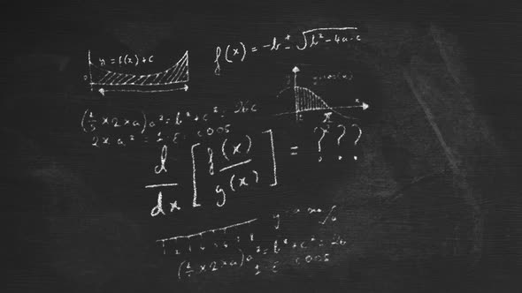 Animation of mathematical formulae moving on black chalkboard background