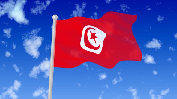 Tunisia Flying Flag Wave In The Sky With Clouds