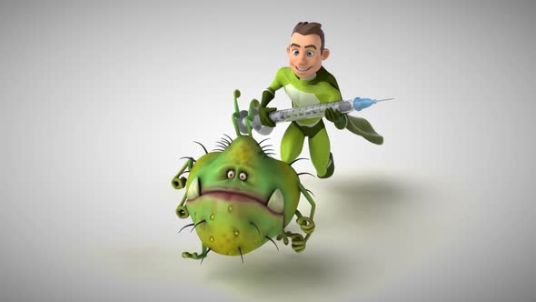 3D Animation of a fun superhero chasing a virus with a vaccine