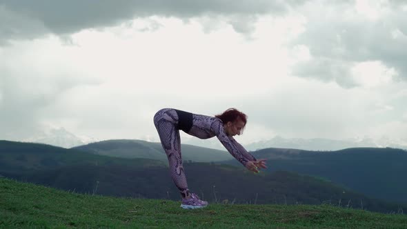 Athletic Woman Practices Yoga Stunning Mountain Landscape