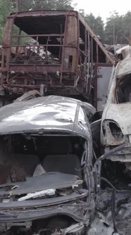 Vertical Video of a Dump of Destroyed Cars During the War in Ukraine