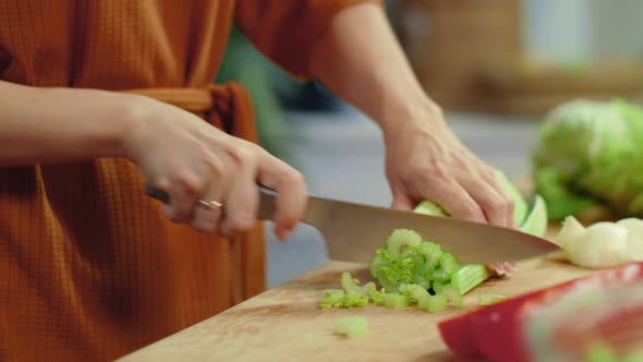 Woman Hands Chopping Celery on Cutting Board. Housewife Cooking Fresh Vegetables