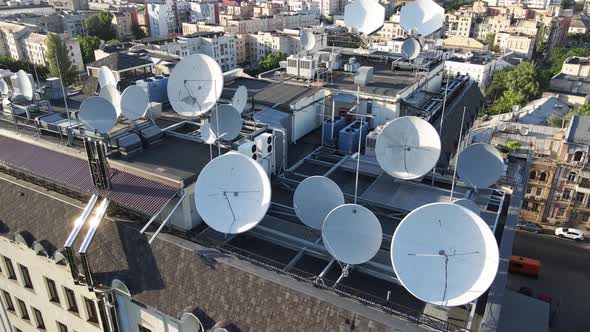 Kyiv, Ukraine: TV Antennas on the Roof of the Building. Aerial.