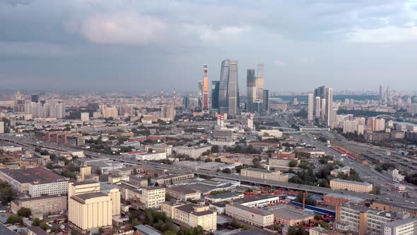 Aerial Drone Fly Over Zoom in Near Moscow Business Center