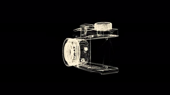 Old fashioned photo camera hologram rotating on black background