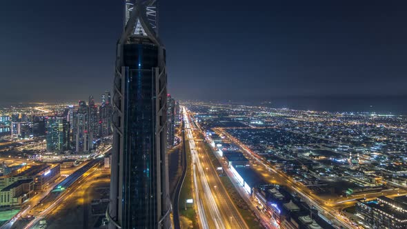 Dubai Downtown Night Timelapse Modern Towers Panoramic View From the Top in Dubai United Arab