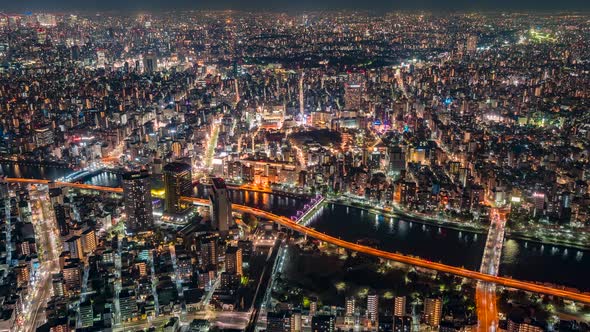 Tokyo Japan skytree view from the observation tower in Sumida at night timelapse looking at the city