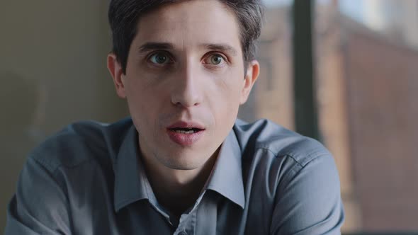 Closeup Male Pensive Face Portrait Caucasian Puzzled Business Man Professional Sitting in Office