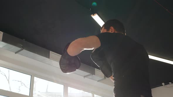 Man Fighting with His Shadow Facing Fears Boxing Training in Gym in Gloves Power Mma Fighter