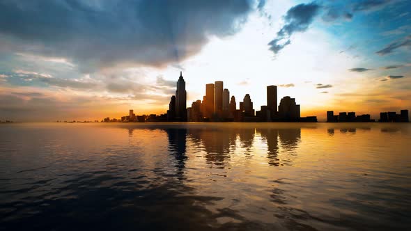 Skyline with Skyscrapers and Sea at Sunset