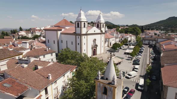 Santa Maria da Devesa church, Castelo de Vide in Portugal. Aerial drone view
