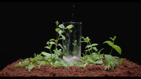 Water is Poured Into a Glass That Stands on the Soil with Plants