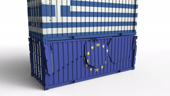 Container with Flag of Greece Breaks Container with Flag of the EU alt