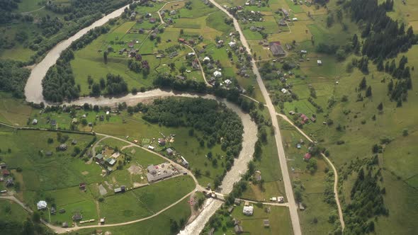 Great Top View Of Area With River Of Pines And Houses