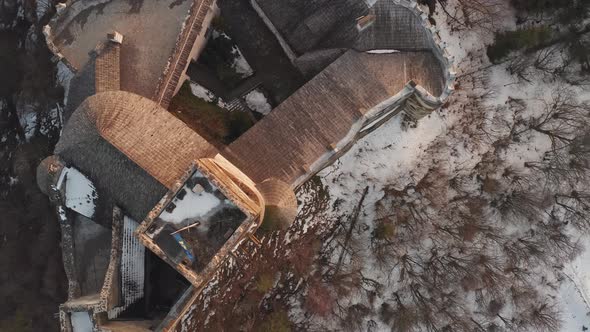 Dunajec Castle - Top-down View Of Niedzica Castle At Winter In Poland. - aerial ascend