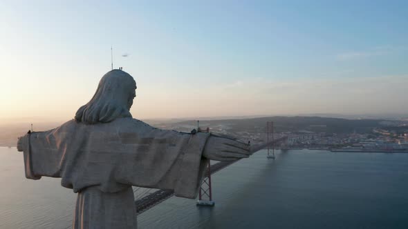 Drone Camera Flying Around Stone Jesus Statue