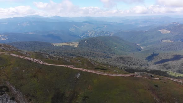 Aerial Panoramic View of Top of Carpathian Mountain Range with Trails. Hiking