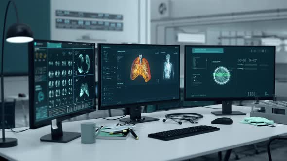 Modern scanner is examining the dangerous respiratory cancer disease cells alt