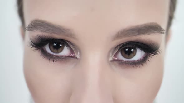 Beautiful Young Woman with Brown Eyes Close-up Long Black Eyelashes