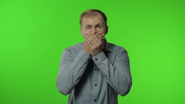 Man Isolated on Chroma Key Background. Closing Mouth with Hand, Gestures No, Refusing To Tell Secret
