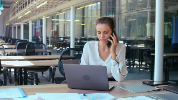 Portrait Professional Employee Has Phone Conversation