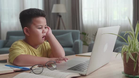 Bored Asian Little Boy Use Laptop In Living Room