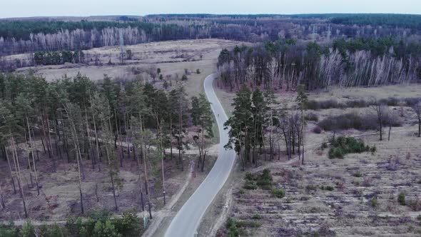 Triathlete is cycling fast on triathlon time trial bike on isolated highway in forest.