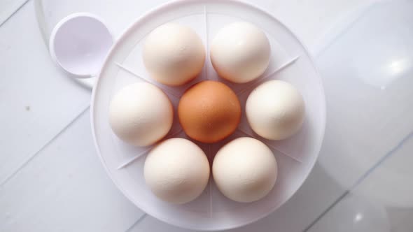 Chicken Eggs in a Egg Electric Cooker on a White Wooden Table