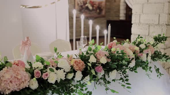 banquet hall in a restaurant with decor for a wedding