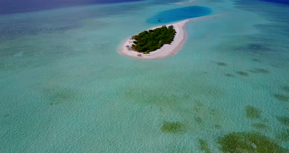 Wide angle above abstract shot of a sandy white paradise beach and blue sea background in colourful 