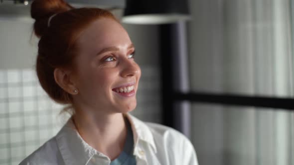 Closeup Face of Happy Smiling Woman Drinking Hot Coffee on Home Looking Away Slow Motion