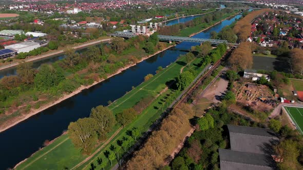 Top view of the embankment of the Neckar River. Bridges, green grass and trees. Mannheim. Germany.