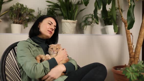 Woman sitting on the armchair holding cute ginger cat