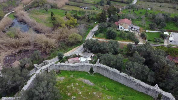 Fantastic aerial view flight slowly sinking down drone footage ruins of a byzantine fortress of 13th