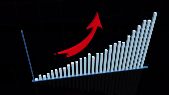 ascending blue volume histogram with red arrow