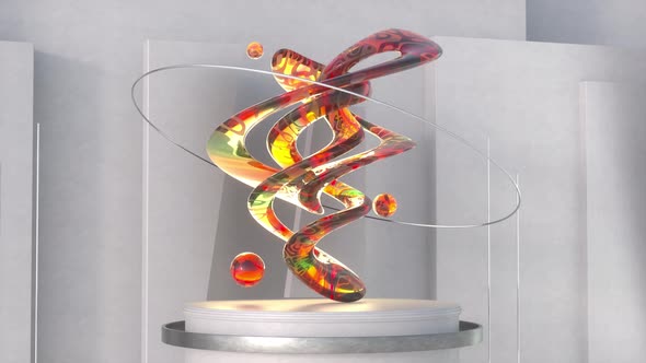 3D animation loop of colorful abstract sculpture installed on round pedestal