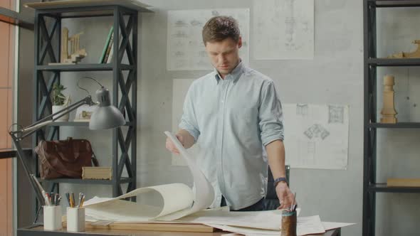 Hipster Engineer Works with Blueprint