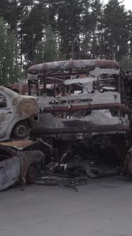 Vertical Video of a Dump of Destroyed Cars During the War in Ukraine