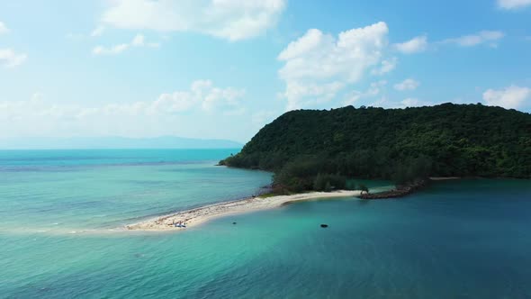 Aerial sky of perfect island beach adventure by blue water and white sand background of journey afte