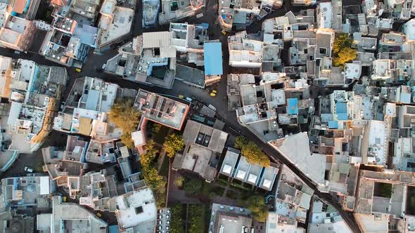 Sunrise fly over of densely populated, Blue city of Jodhpur, Rajasthan, India