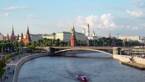 View of The Moscow Kremlin and Boats on Moscow River from Patriarchy bridge