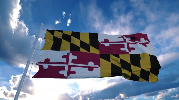 Flag of Maryland Waving in the Wind Against Deep Beautiful Clouds Sky