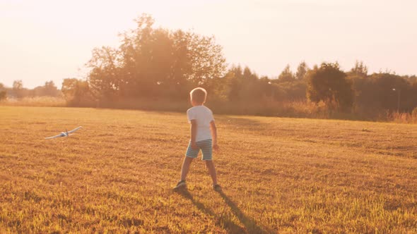 Little boy plays with a toy plane in a field at sunset. Childhood, freedom, inspiration concept.