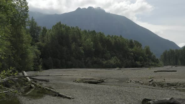 Summer View Of Mount Si And Dry Snoqualmie River Bed With Water Flow Slowed To A Trickle