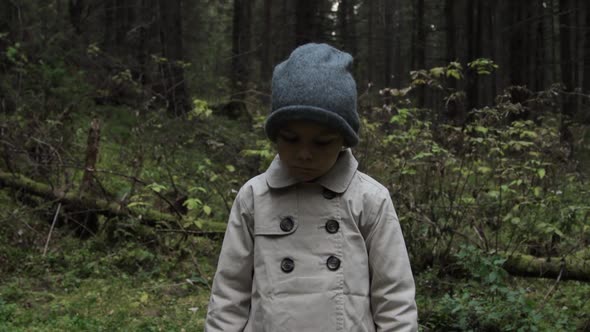 A little girl alone in a forest