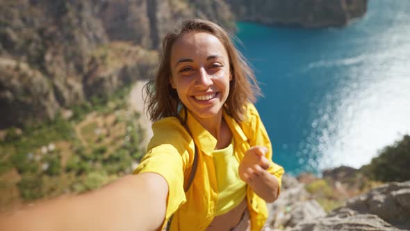 Beautiful Woman Making Selfie Outdoors Sharing Travel Adventure Taking Picture for Social Media