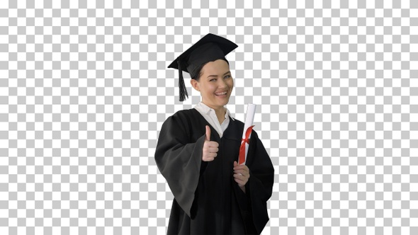 Happy graduate woman holding diploma and thumb up, Alpha Channel